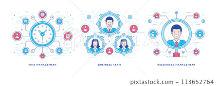 Set of vector illustrations flat line banners for assorted management types for successful business marketing campaign Set of vector illustrations flat line banners for assorted management types for successful business marketing campaign 113652764