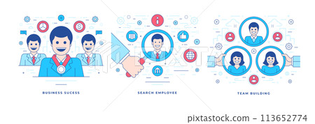 Vector illustrations of flat line banners with icons for website promoting business success and team building 113652774