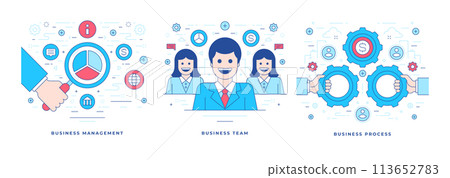 Vector illustrations of flat line banners with successful business components and icons 113652783