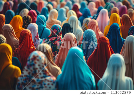 Eid al-Adha concept - A large group of Muslims gathered for the special Eid prayer  113652879