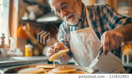 Chef cooks pancakes on flat skillet for special breakfast patrons, AI Generated 113652903