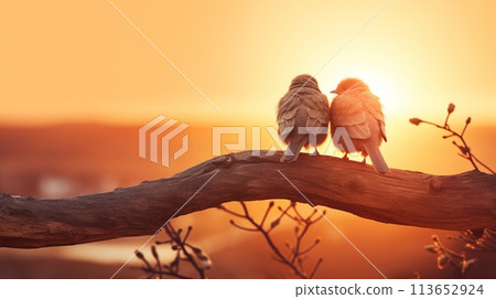 Lovebirds perched on a branch during twilight, symbolizing romance, AI Generated Lovebirds perched on a branch during twilight, symbolizing romance, AI Generated 113652924