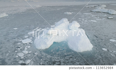 Melting Ice. Antarctic Glacier Iceberg Aerial View Zoom Out. Antarctica Brash Ice Coastline Ocean Seascape. Snow Polar Wildlife Nature. Climate Change Concept Drone Flight 113652984