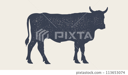 Cow, bull, beef. Vintage retro print, black white cow, bull, beef sketch ink pencil drawing, engrave old school. Sketch artwork silhouette cow bull. Side view profile beef bull. Vector Illustration 113653074