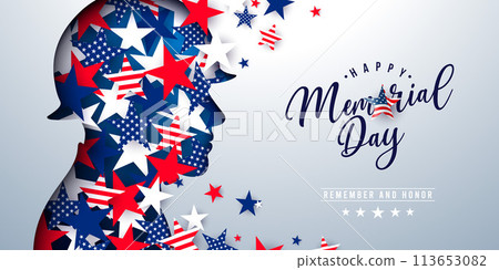 Memorial Day of the USA Vector Illustration with Flying Flag Pattern Stars in Patriotic Soldier Silhouette on Light Background. American National Celebration Design with Typography Lettering for 113653082