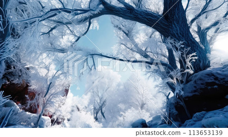 Golden Winter Sunlight on a Snowy Forest - Generative AI 113653139