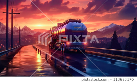 Tanker Truck on the Freeway at Sunset - Generative AI 113653170