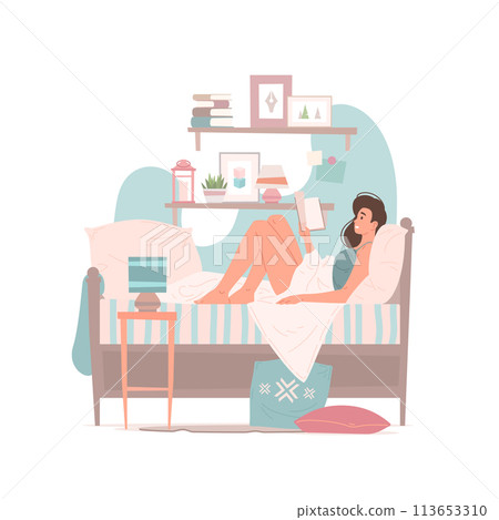 Woman reading book on bed at home Woman reading book on bed at home 113653310