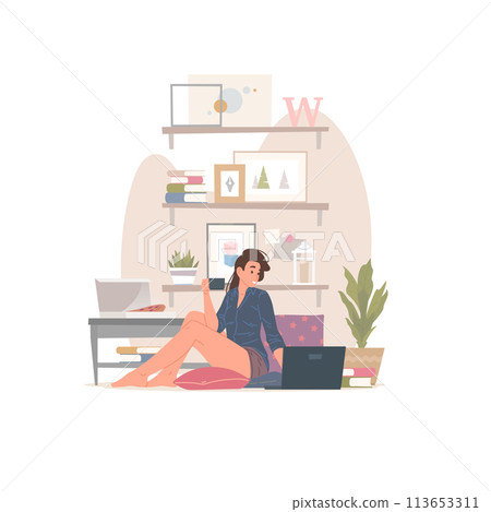 Woman with hot drink using laptop at home Woman with hot drink using laptop at home 113653311