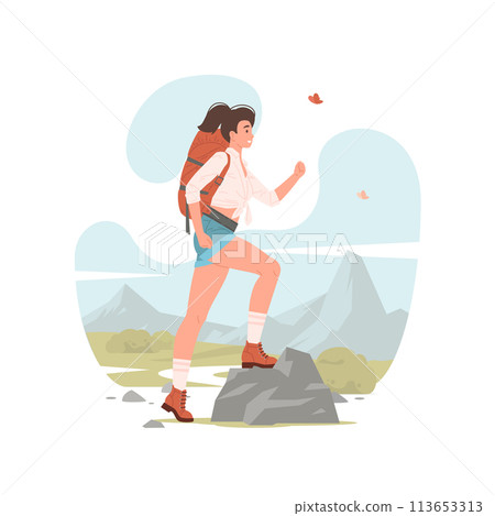 Female hiker with backpack travelling through countryside 113653313