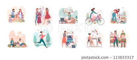 Ordinary day of young woman in city set of vector illustrations 113653317