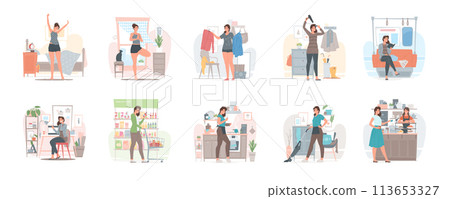 Modern woman doing everyday activities vector illustrations set 113653327