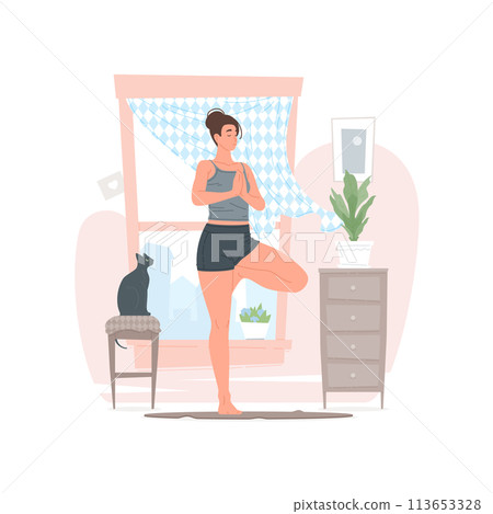Woman doing yoga in morning at home Woman doing yoga in morning at home 113653328