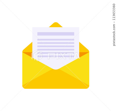 Open yellow paper envelope with letter document inside vector flat unpacking correspondence 113653360