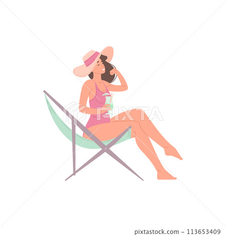 Happy relaxed woman sunbathing on chaise longue with summer cocktail enjoying sea beach vacation Happy relaxed woman sunbathing on chaise longue with summer cocktail enjoying sea beach vacation 113653409