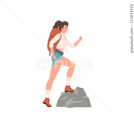 Active smiling woman hiker with backpack climbing on cliff rock vector flat illustration Active smiling woman hiker with backpack climbing on cliff rock vector flat illustration 113653410