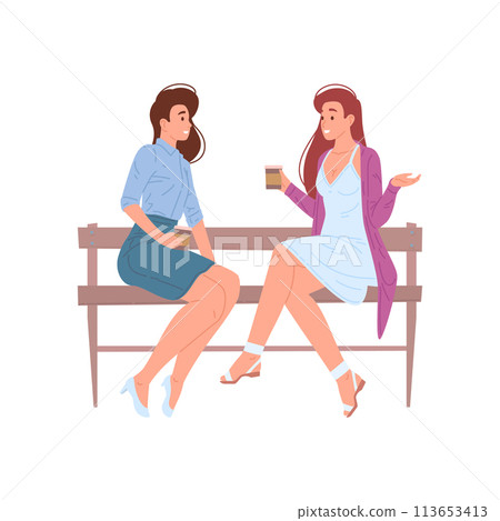 Two young modern woman talking drinking coffee sitting on bench outdoor enjoying friendship vector 113653413