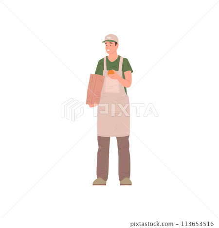 Young male fruit vendor in uniform selling fruits packing in paper package vector flat illustration Young male fruit vendor in uniform selling fruits packing in paper package vector flat illustration 113653516