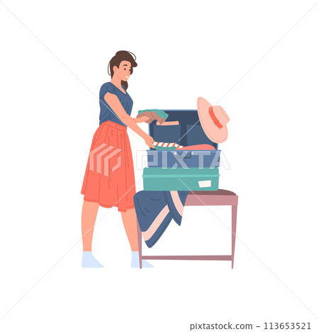 Smiling young woman packing clothes in suitcase ready to travel vacation vector flat illustration Smiling young woman packing clothes in suitcase ready to travel vacation vector flat illustration 113653521