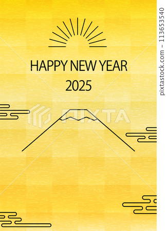 Japanese-style New Year's card for 2025, simple line drawing of Mt. Fuji and the first sunrise with gold leaf background 113653540