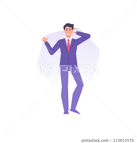 Cheerful male boss talking smartphone pointing thumbs up discussing successful business deal 113653578