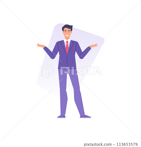 Smiling business man posing with raising hands making choice presenting gesture vector flat 113653579