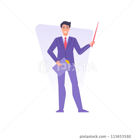 Smiling male teacher posing with clipboard and pointer leading lecture university or school lesson 113653580