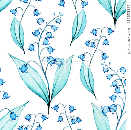 watercolor seamless pattern with transparent lily of the valley flowers. print with spring flowers, x-ray 113653581