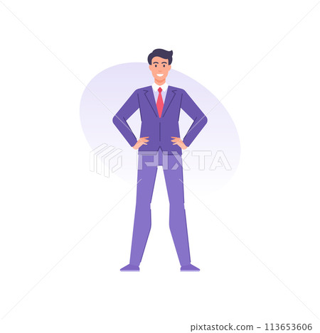 Confident successful business man in tie suit standing with hands on waist smiling positive emotion 113653606