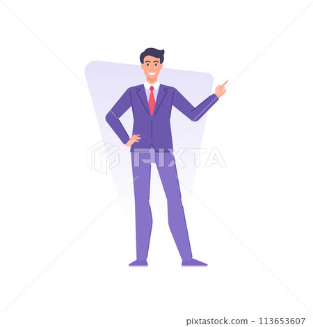 Happy business male in tie suit pointing forefinger with positive emotion vector flat illustration Happy business male in tie suit pointing forefinger with positive emotion vector flat illustration 113653607