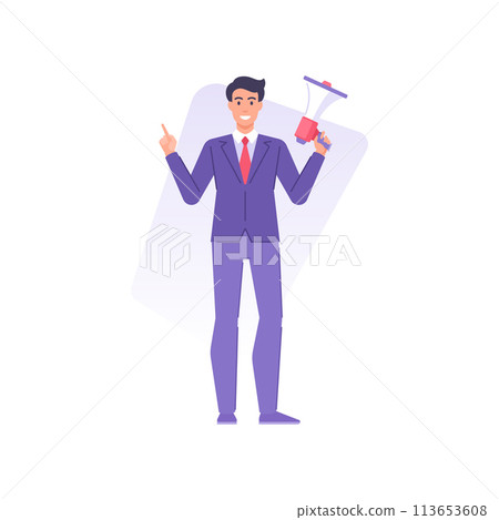 Happy trendy businessman holding megaphone pointing forefinger attention advertising broadcasting Happy trendy businessman holding megaphone pointing forefinger attention advertising broadcasting 113653608
