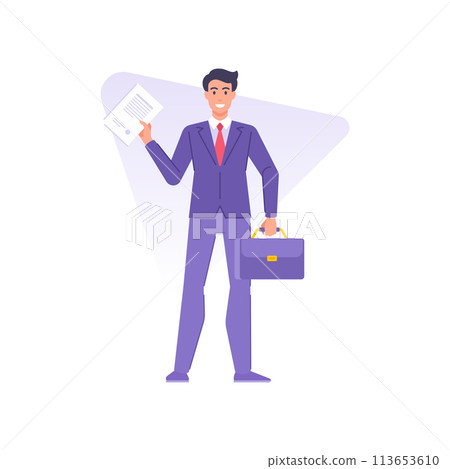 Happy business male in tie suit holding paper document successful agreement, deal, contract 113653610