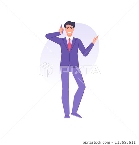 Successful business male tie suit calling mobile phone discussing business vector flat illustration Successful business male tie suit calling mobile phone discussing business vector flat illustration 113653611