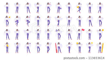 Set of vector illustrations flat cartoon female manager character design with various objects doing creative activities Set of vector illustrations flat cartoon female manager character design with various objects doing creative activities 113653614
