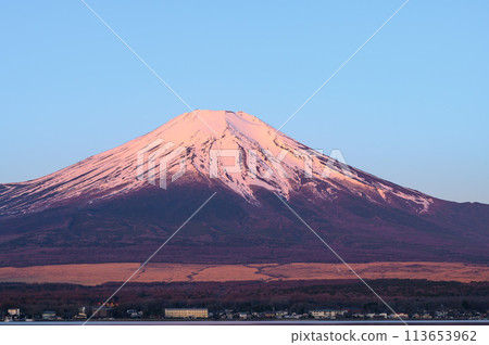Mount Fuji at sunrise as seen from Lake Yamanaka, Yamanashi Prefecture (Red Fuji) Mount Fuji at sunrise as seen from Lake Yamanaka, Yamanashi Prefecture (Red Fuji) 113653962