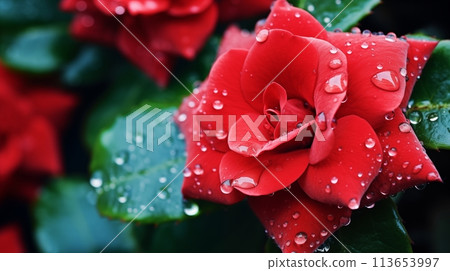 Dew kissed red camellias, radiating grandeur, AI Generated 113653997