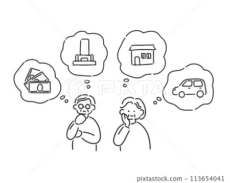 Illustration of a senior couple worried about inheritance Illustration of a senior couple worried about inheritance 113654041