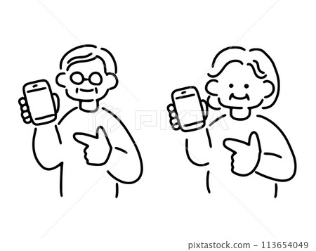 一對年長夫婦指著智慧型手機的插圖 113654049