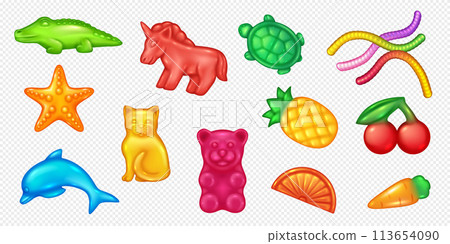 Animal shaped jelly sweets 3d realistic illustration set 113654090