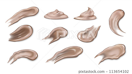 Brown cream smear set. Natural moisturizing gel for skin care. Realistic 3D texture cosmetic spot Brown cream smear set. Natural moisturizing gel for skin care. Realistic 3D texture cosmetic spot 113654102