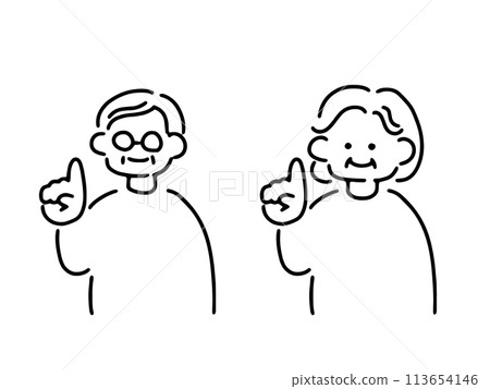 一對年長夫婦做指向姿勢的插圖 一對年長夫婦做指向姿勢的插圖 113654146