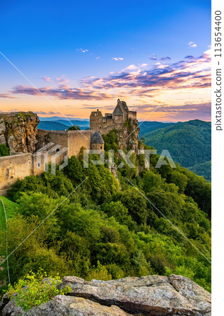 Wachau valley and Danube river. Aggstein medieval castle. Austrian landmark Wachau valley and Danube river. Aggstein medieval castle. Austrian landmark 113654400