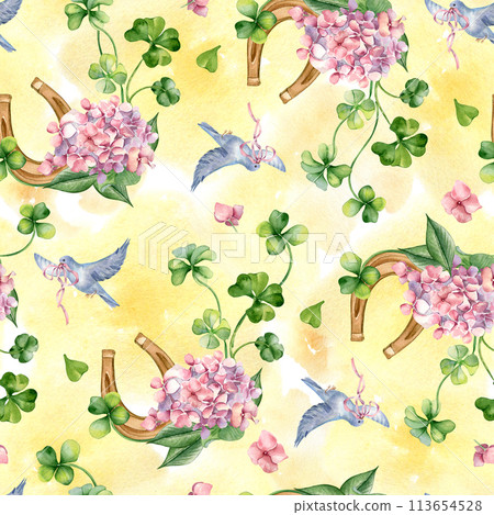 Horseshoe and clover seamless pattern on watercolor backdrop. Painted flowers and bird aquarelle. Lucky symbol, four leaves clover hand drawn. St. Patrick day decoration, springtime textile, paper Horseshoe and clover seamless pattern on watercolor backdrop. Painted flowers and bird aquarelle. Lucky symbol, four leaves clover hand drawn. St. Patrick day decoration, springtime textile, paper 113654528