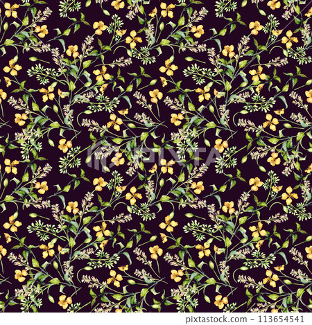 Yellow medicinal flowers, nettle in watercolor seamless pattern isolated on dark. Celandine and urtica dioica in sketch. Medicinal plant, floral print hand drawn. Design for label, package, postcard 113654541