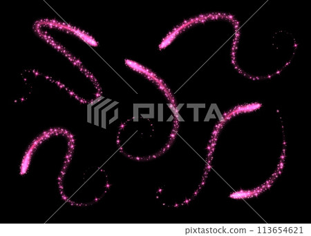 Magic swirls collection, pink light trails with sparkles, glowing light effect, shiny stardust isolated on black. 113654621