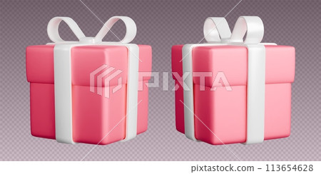 Gift boxes with ribbons, realistic 3d pink boxes with white bows. Surprise gift isolated on grey background. Gift boxes with ribbons, realistic 3d pink boxes with white bows. Surprise gift isolated on grey background. 113654628