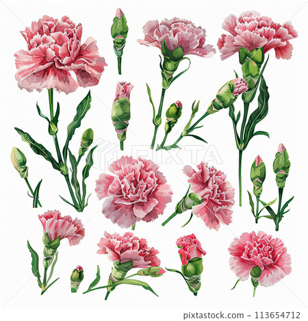 Charming watercolor pack showcasing Carnations bouquets, single flowers, and elements on a white background. Ideal for adding a touch of elegance to designs and illustrations Charming watercolor pack showcasing Carnations bouquets, single flowers, and elements on a white background. Ideal for adding a touch of elegance to designs and illustrations 113654712