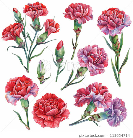 Watercolor pack featuring Carnations bouquets, single flowers, and elements on a white background. Perfect for floral designs, invitations, and artistic compositions. Watercolor pack featuring Carnations bouquets, single flowers, and elements on a white background. Perfect for floral designs, invitations, and artistic compositions. 113654714