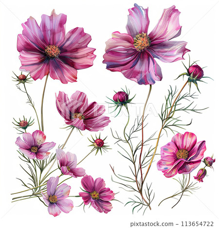 Versatile watercolor pack featuring a variety of Cosmos bouquets, single flowers, and elements. Perfect for enhancing invitations, cards, and botanical-themed projects. 113654722