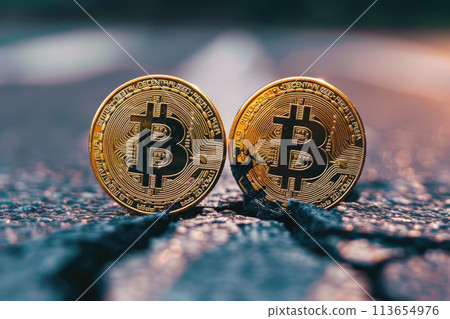 bitcoin coin broken in half. Ai generative bitcoin coin broken in half. Ai generative 113654976